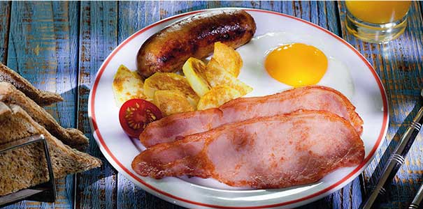 Image of a plate with back bacon slices egg and sausage