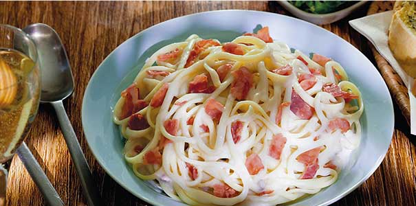 Photo of pasta with diced Dew Valley bacon